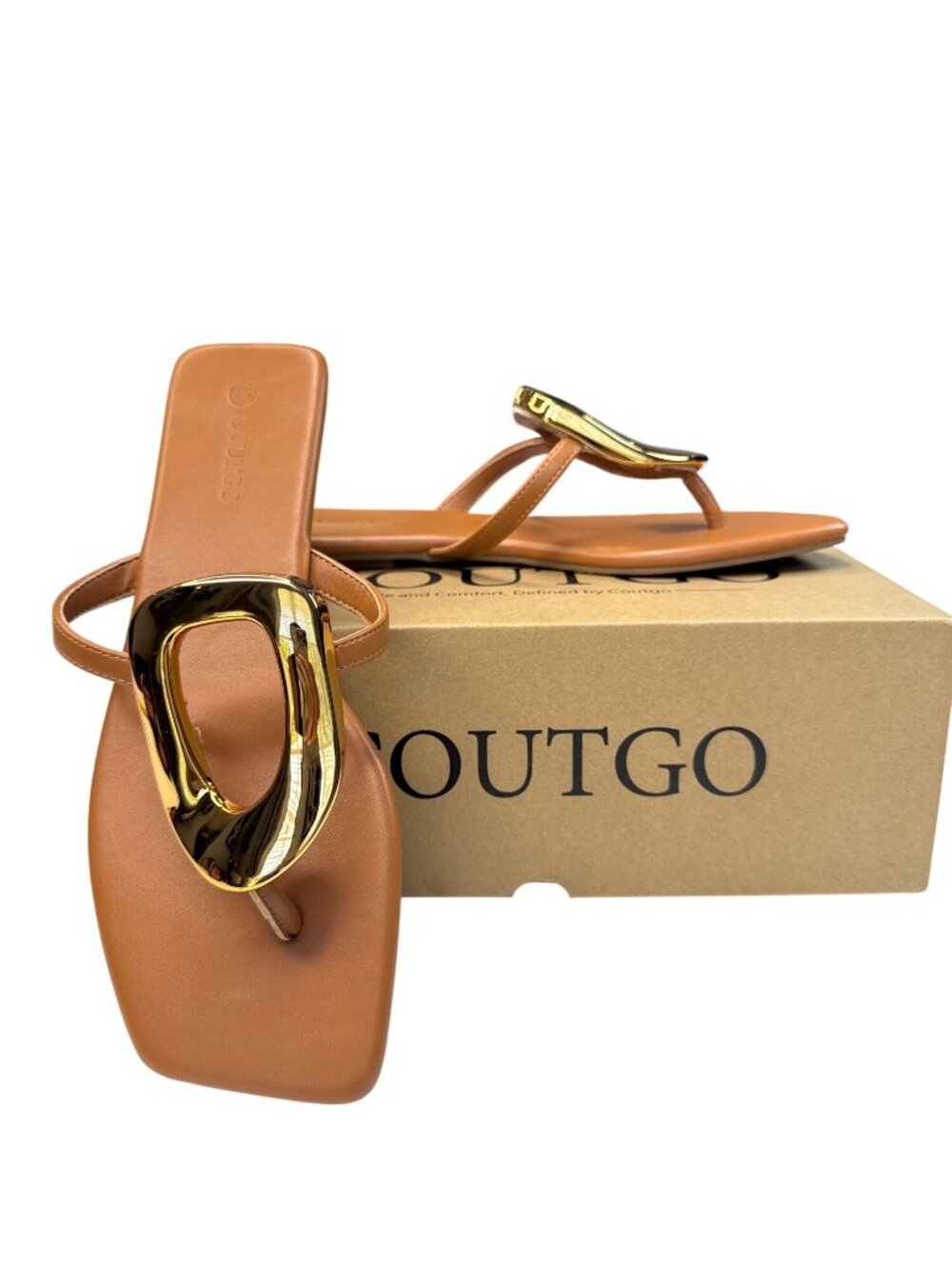 OUTGO Comfort Design Square Toe Gold Embellished Sandals For Women Tan